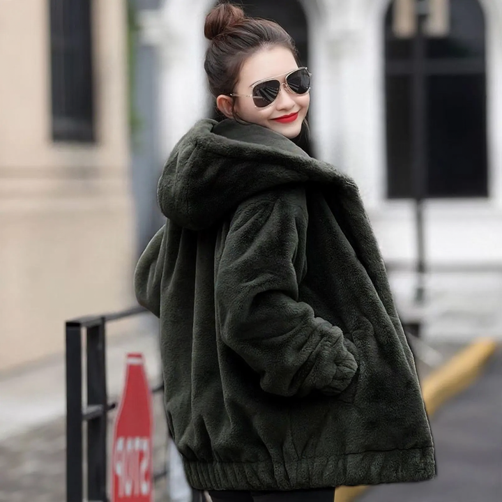 Fluffy hooded coat in rabbit fur look