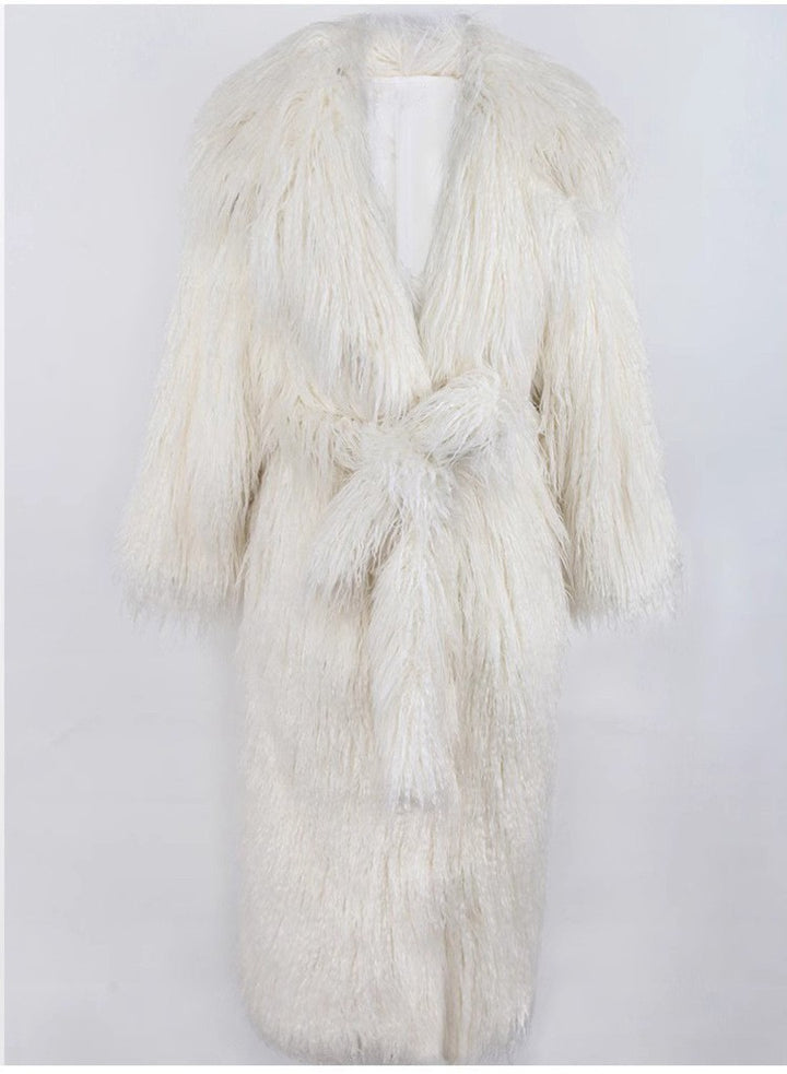 Long faux fur coat with tie belt and lapel collar
