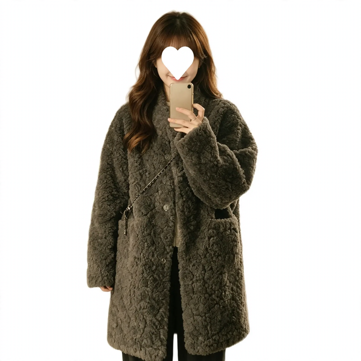 Lamb fleece imitation coat, medium length, women's