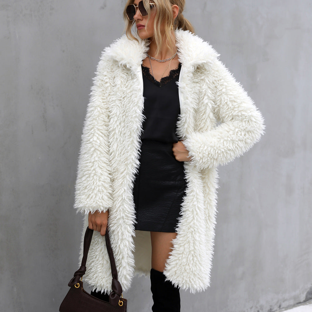 Long faux fur coat with lapel collar