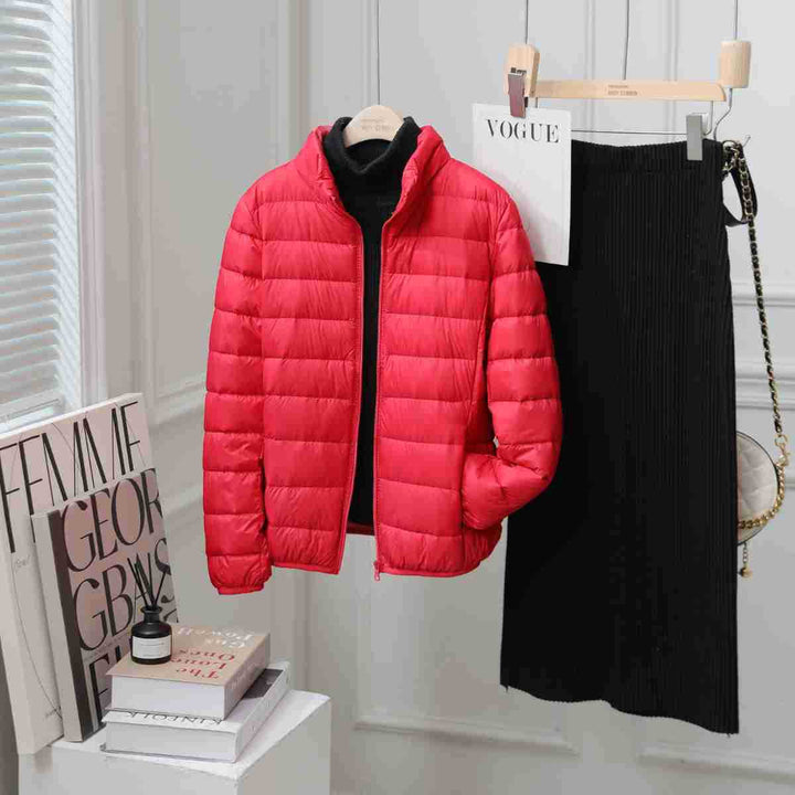 Light women's down jacket with stand-up collar, white duck down