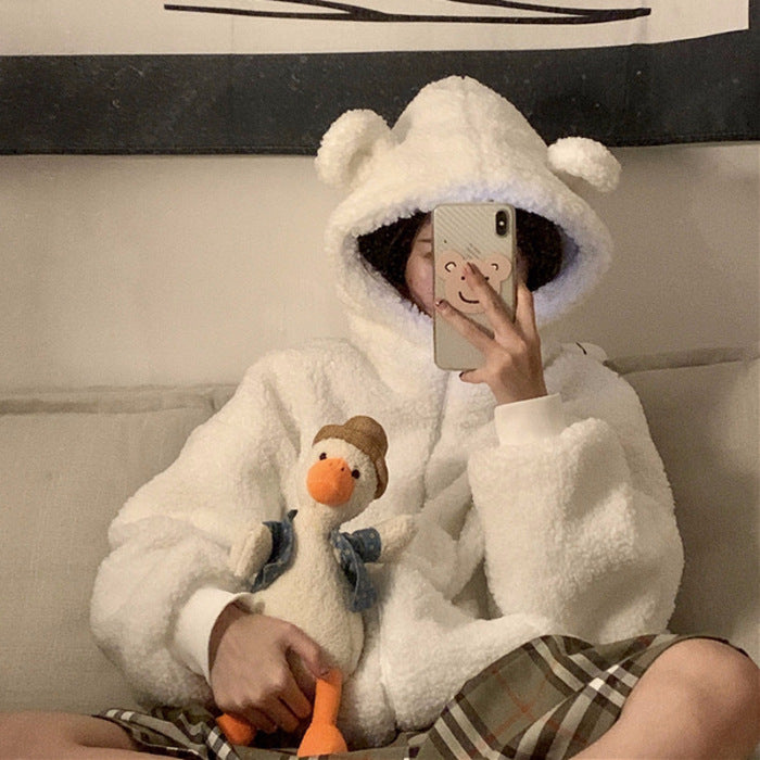 Fluffy women's jacket with hood and ear appliqué