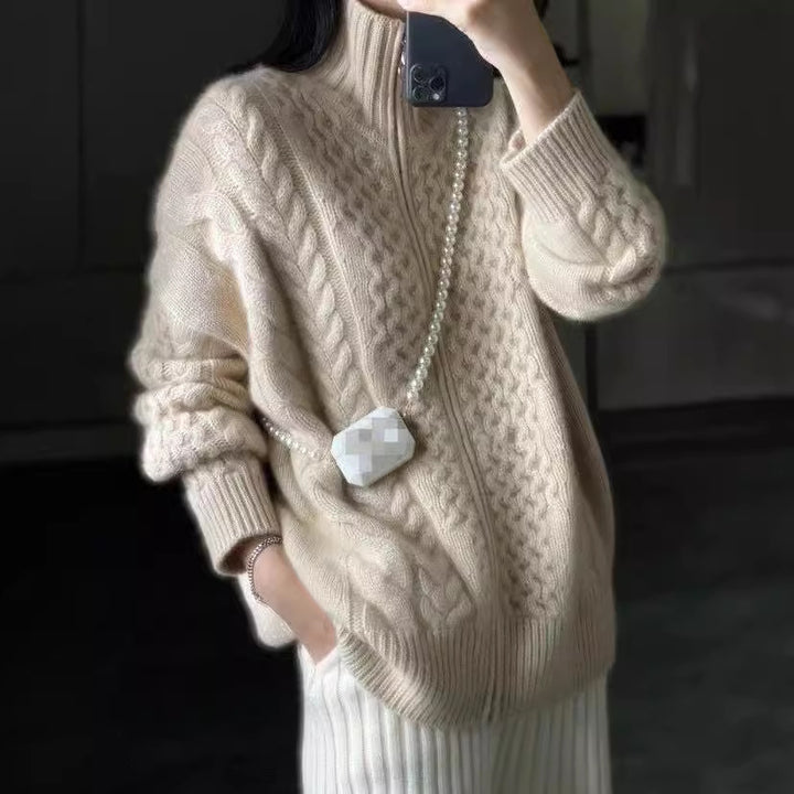 Women's wool cardigan, high collar, with zipper, cable pattern