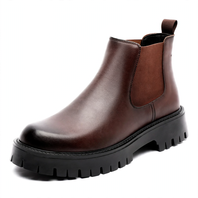 Men's Ankle Boots, Leather, Mid-High Heel, Round Design