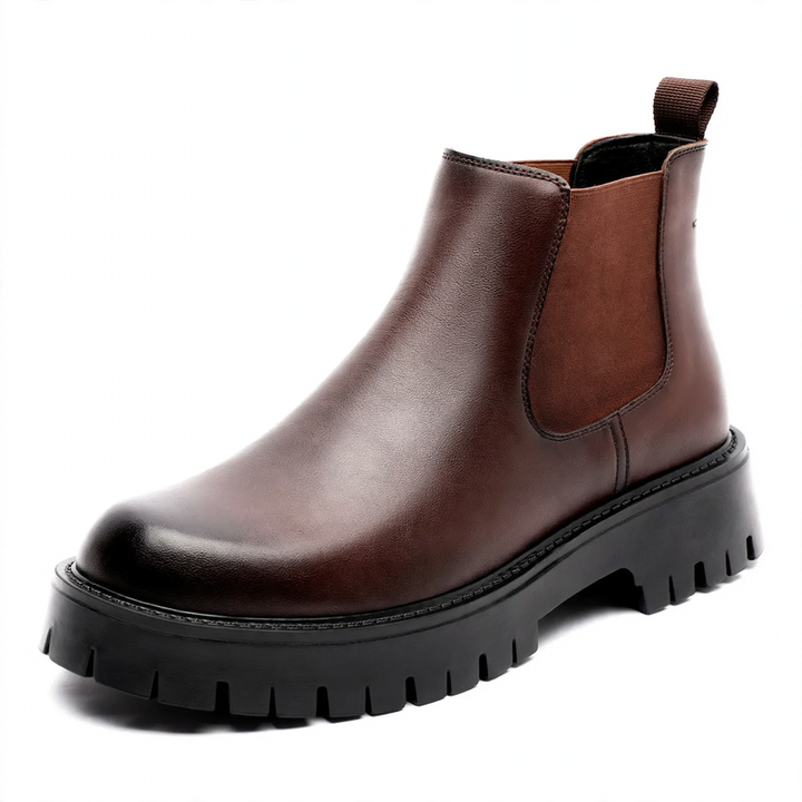 Men's Ankle Boots, Leather, Mid-High Heel, Round Design