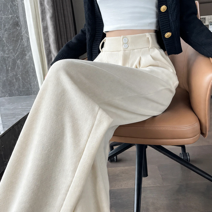 Chenille fabric trousers with high waist, straight cut