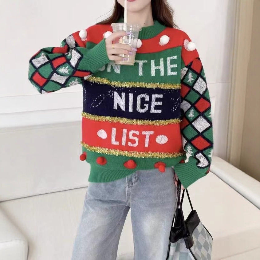 Ladies' Christmas sweater with letter jacquard and gold stripes