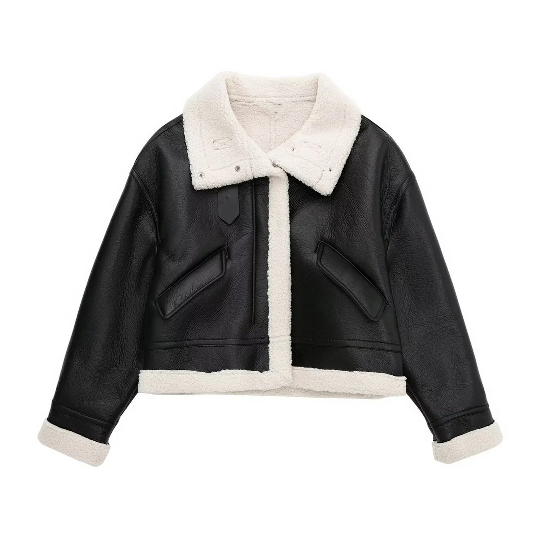 Padded faux leather jacket with lambskin look and lacing