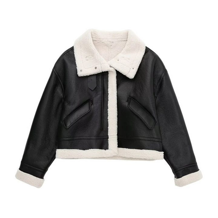 Padded faux leather jacket with lambskin look and lacing