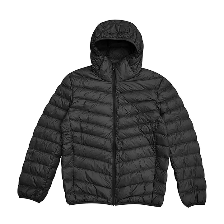 Light men's down jacket, short, with hood