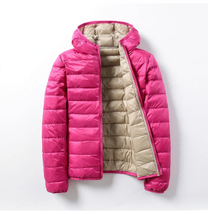 Reversible women's down jacket with hood, lightweight and short