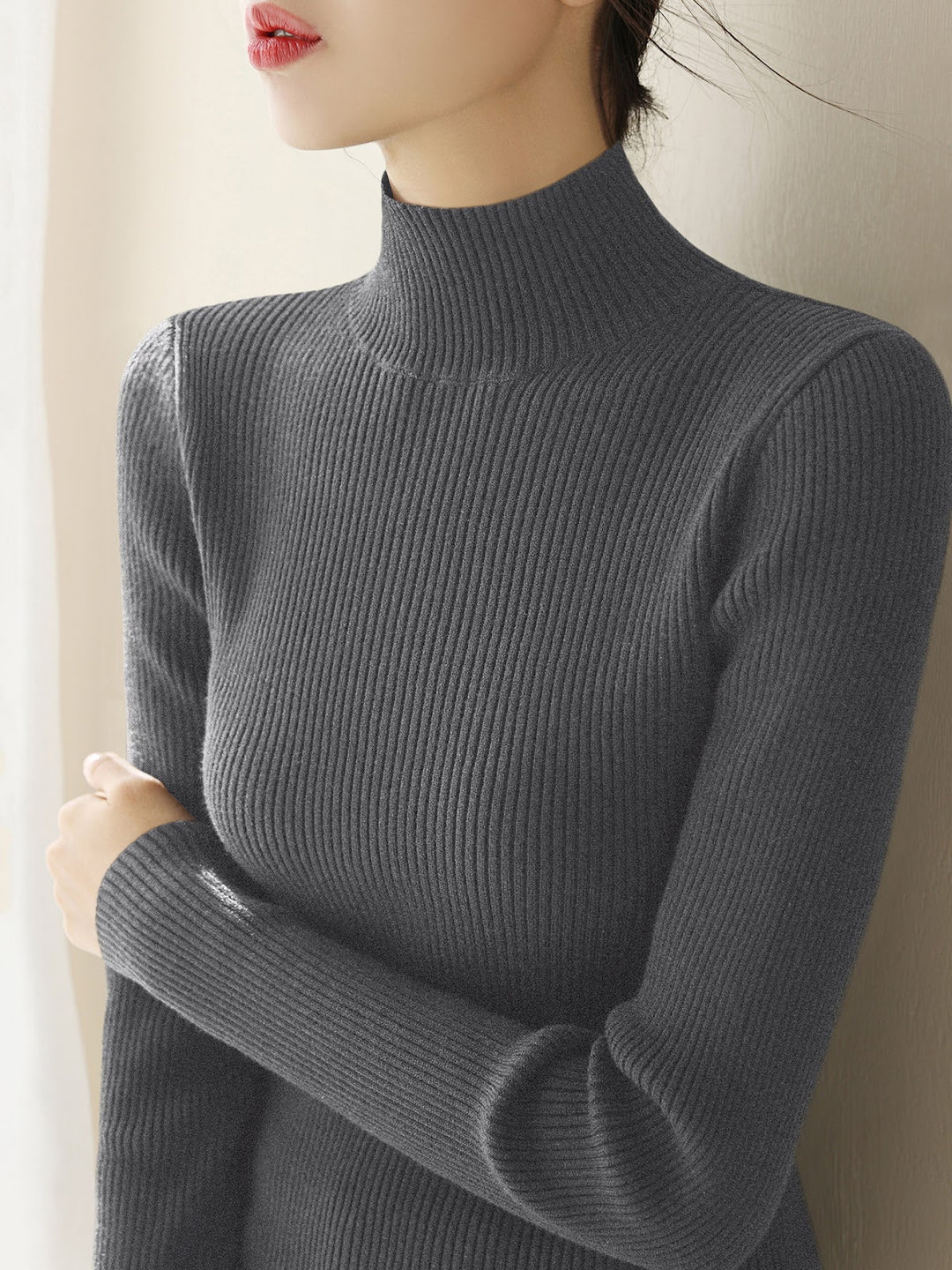 Women's wool knit pullover with half standing collar