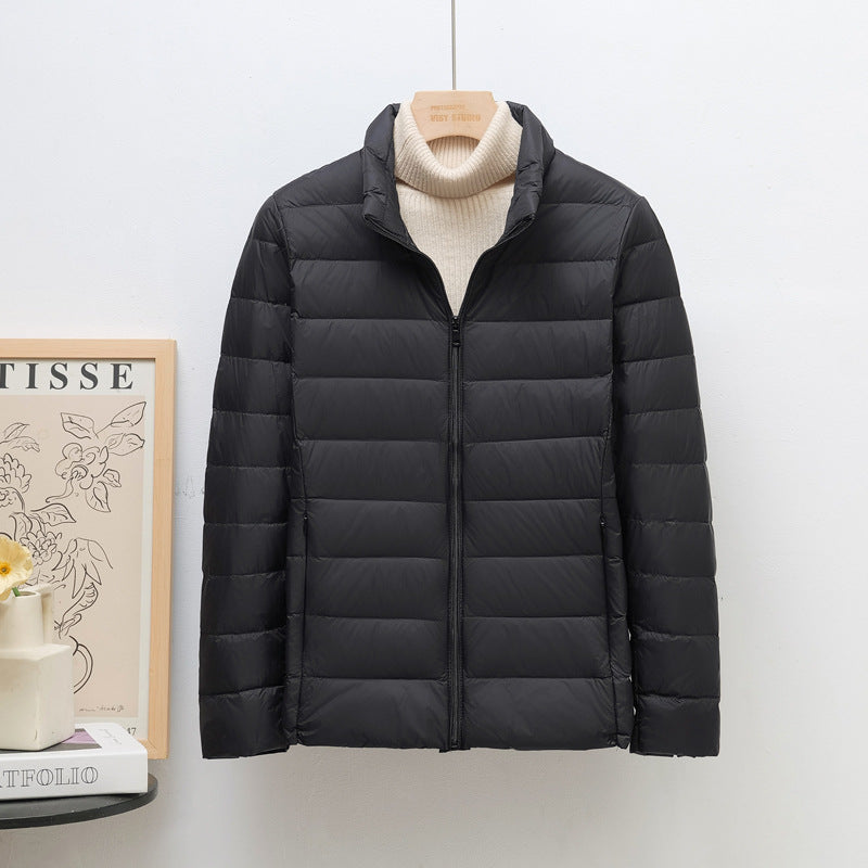 Women’s down jacket, lightweight, stand collar, short