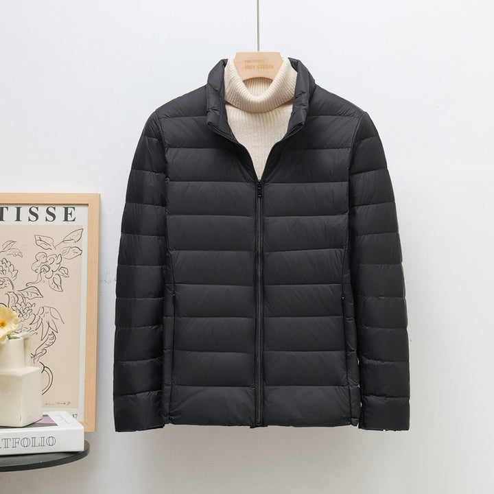 Women’s down jacket, lightweight, stand collar, short