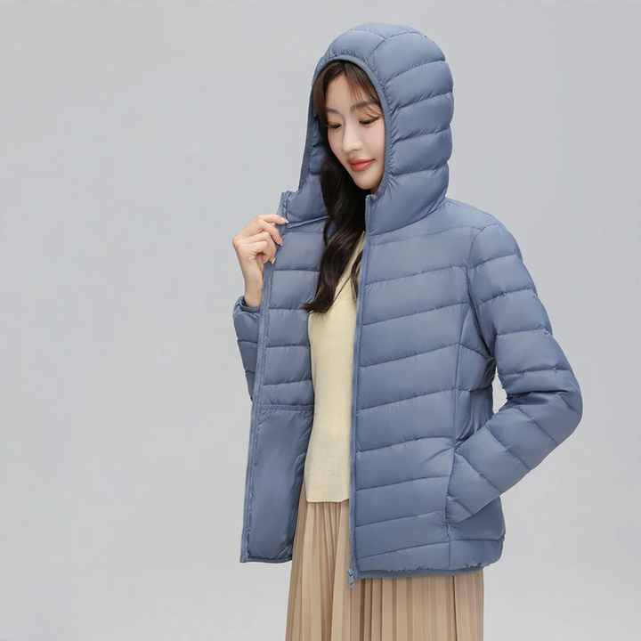 Light women's down jacket with hood, water-repellent