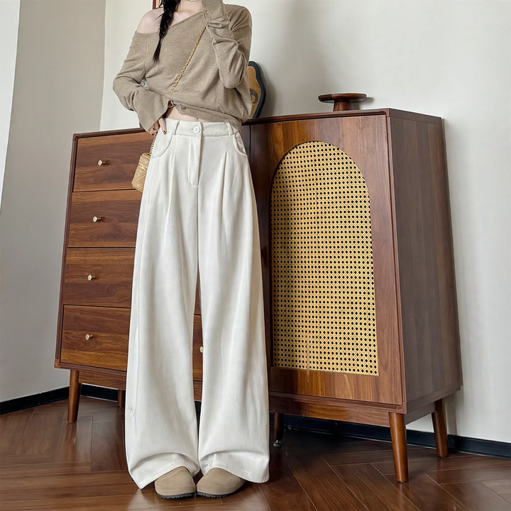 Cord wide pants for women, high-waisted