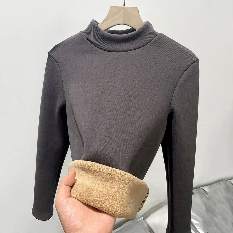 Women's knit shirt with stand-up collar, lined