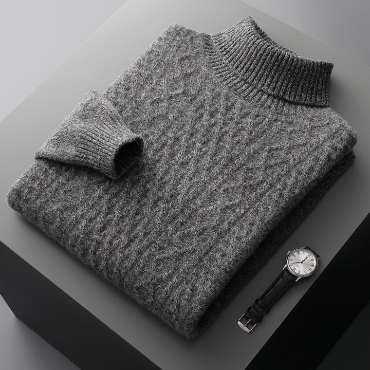Men's wool sweater with shawl collar and cable knit pattern