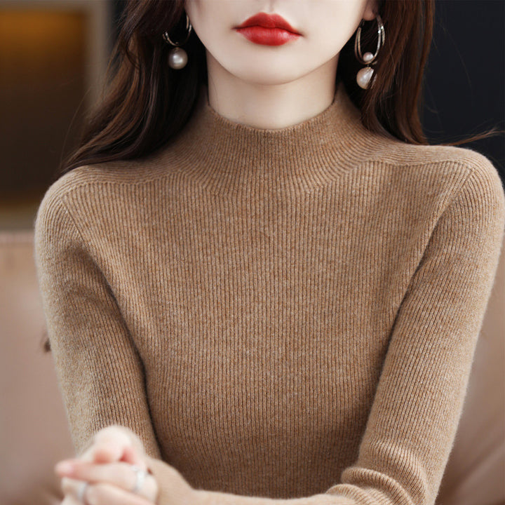 Women's Cashmere Sweater, seamless, 100% wool, stand-up collar