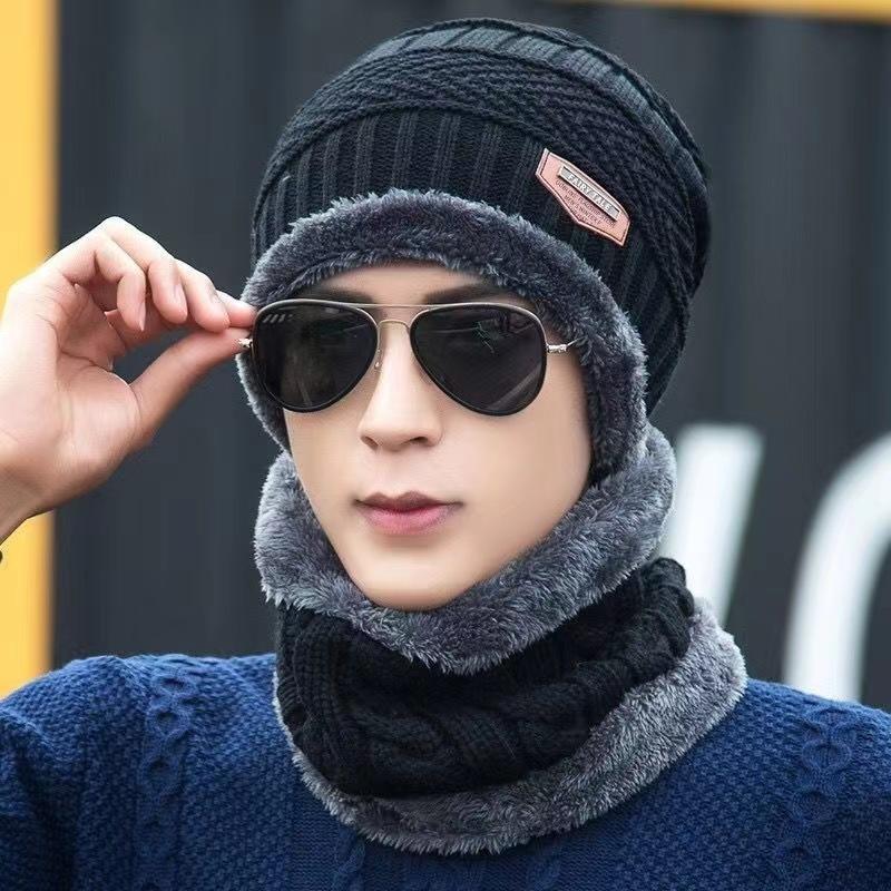 Knitted beanie with scarf, lined, men, winter