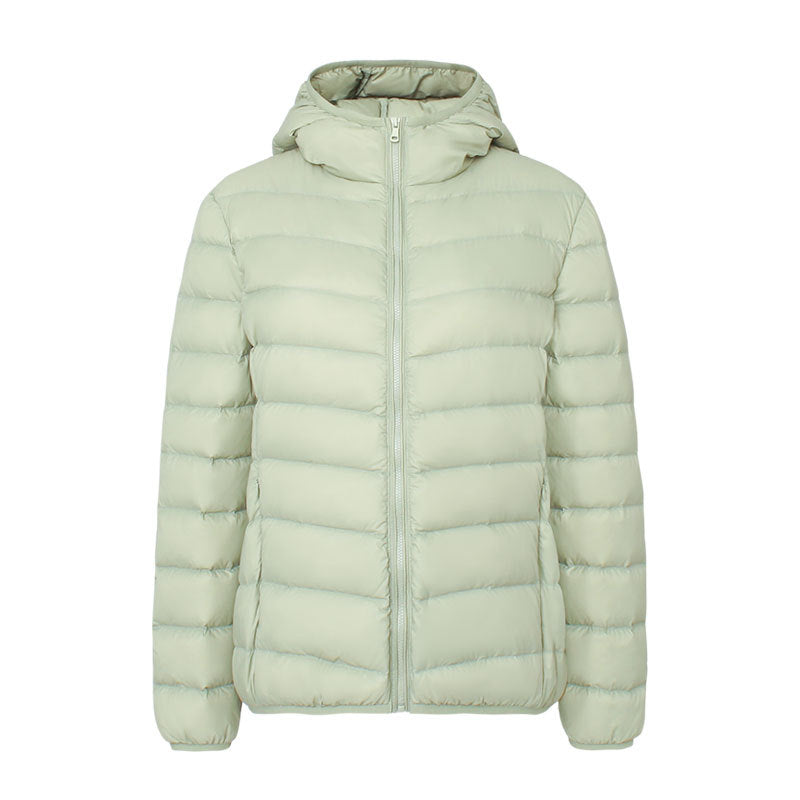 Light women's down jacket with hood, water-repellent