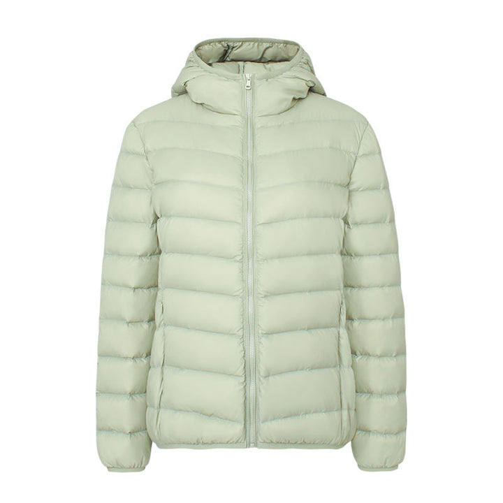 Light women's down jacket with hood, water-repellent