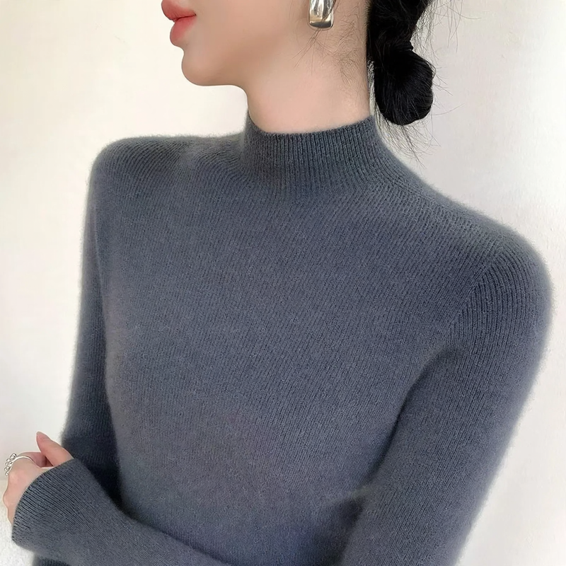 Women's Wool Knit Sweater, Stand-Up Collar, Slim Fit