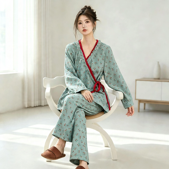 Women's Pajama Set in Kimono Style with Floral Pattern