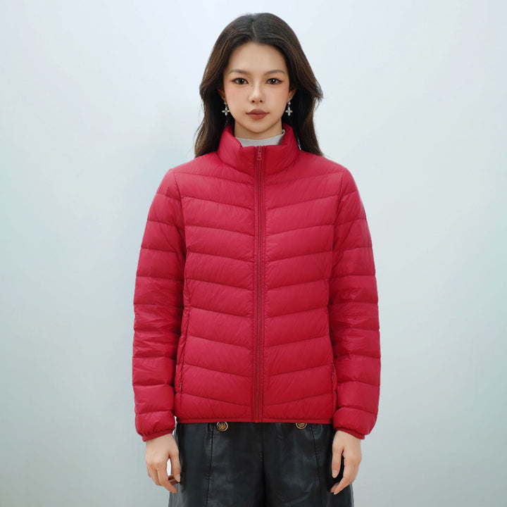 Light women's down jacket with stand-up collar