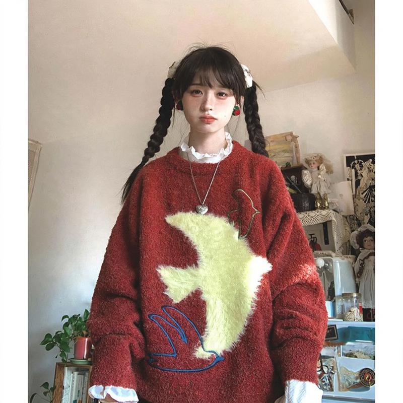 Women's knit sweater with bird jacquard