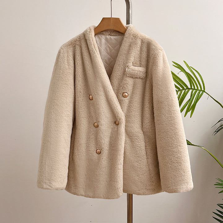 Women's plush jacket with V-neck, warm and windproof