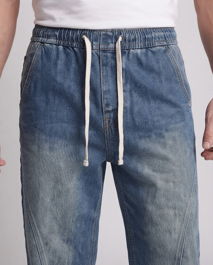 Men's Wide Denim Palazzo Pants with Curved Side Seams and Used-Wash Amarae