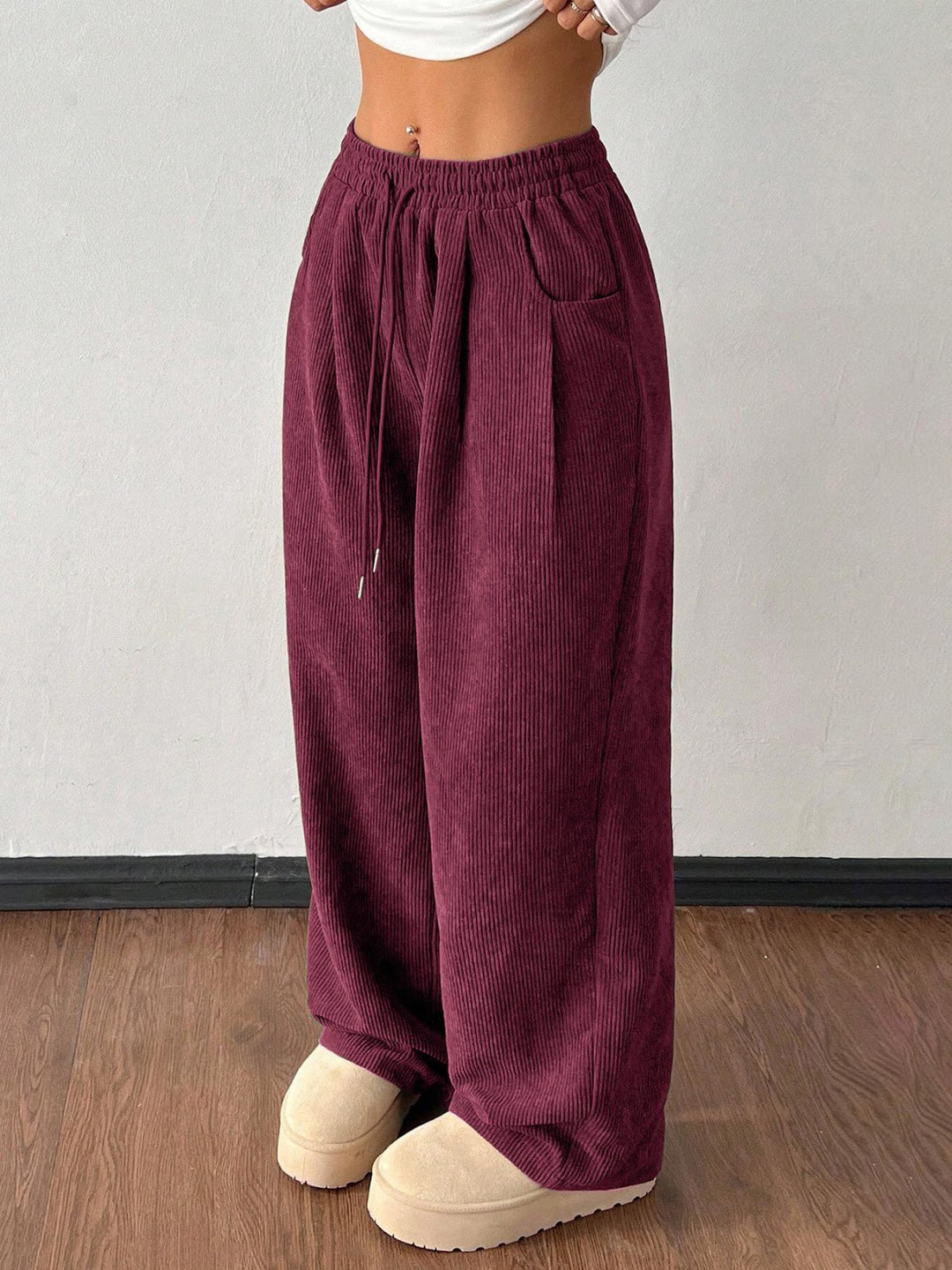 Women's corduroy pants with wide leg and drawstring