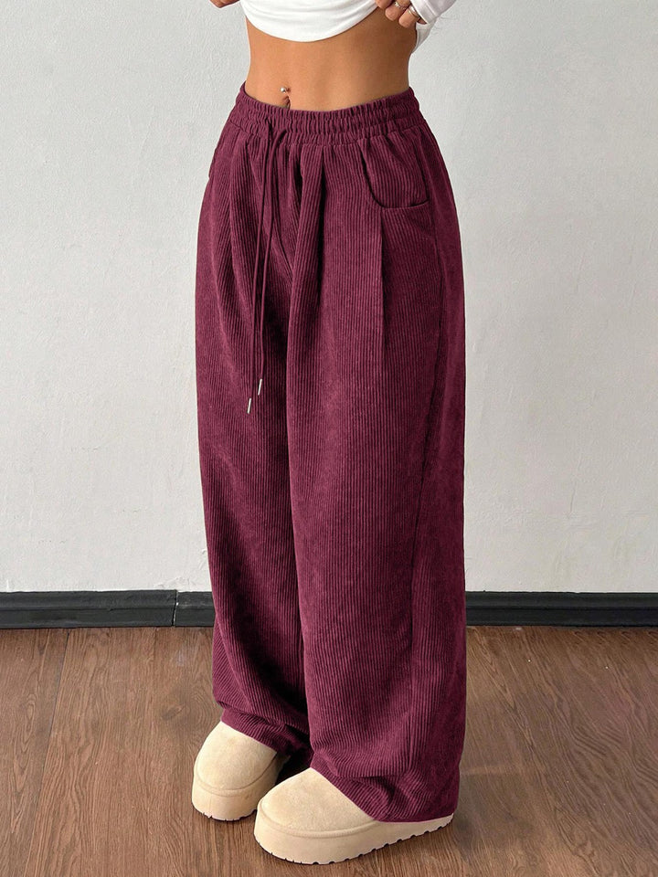 Women's corduroy pants with wide leg and drawstring