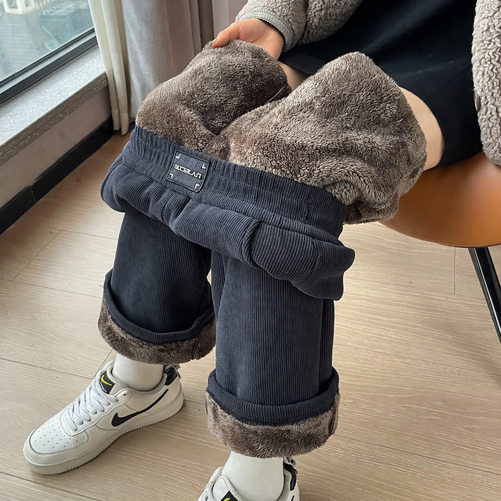 Women's corduroy trousers, wide cut, with lamb fleece lining