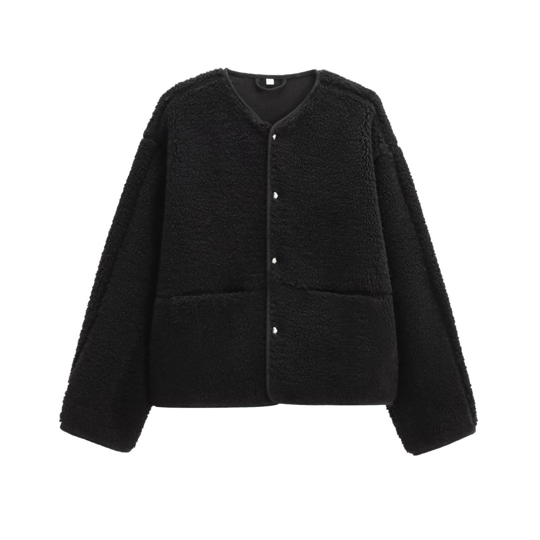 Women Teddy fleece Jacket, Round neck, plain