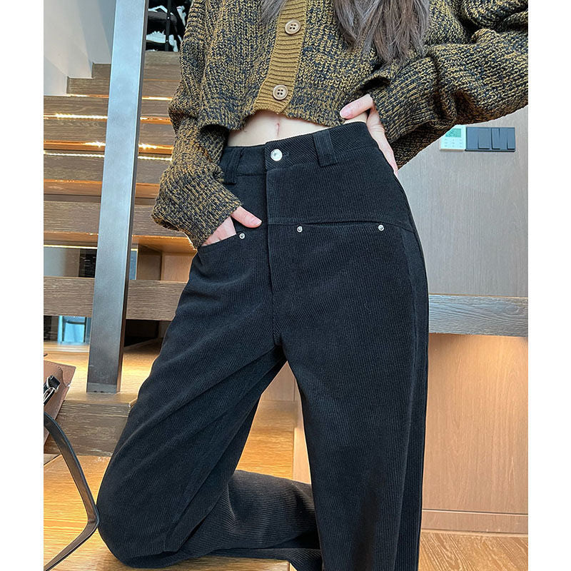 Black women's corduroy pants, high waist