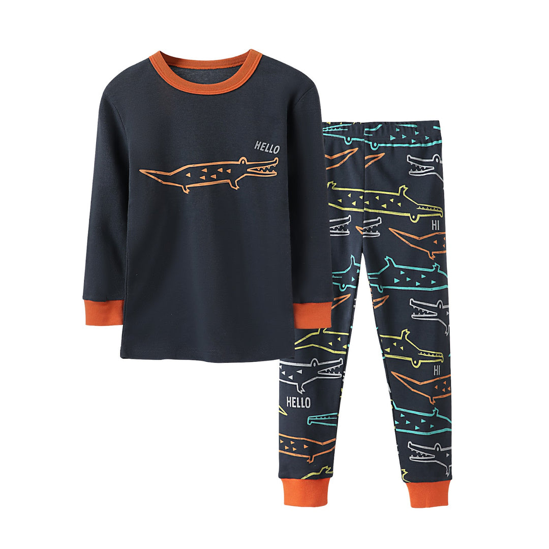 Kids Pajama Set, Long Sleeve, Cotton Rib Knit, Cartoon Design