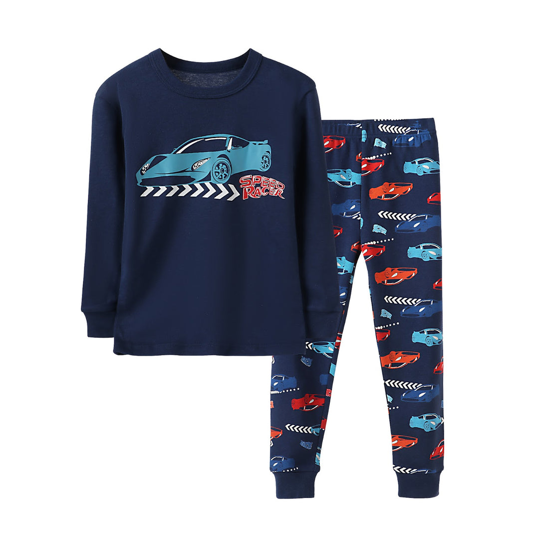 Kids Pajama Set, Long Sleeve, Cotton Rib Knit, Cartoon Design