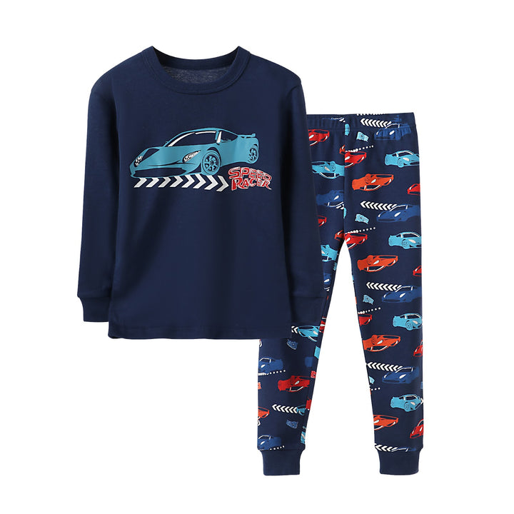 Kids Pajama Set, Long Sleeve, Cotton Rib Knit, Cartoon Design