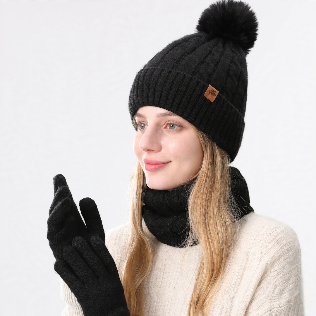 Winter set consisting of knitted hat, scarf, and gloves