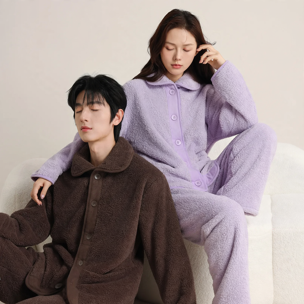 Warmer coral fleece pajama set with lapel for couples
