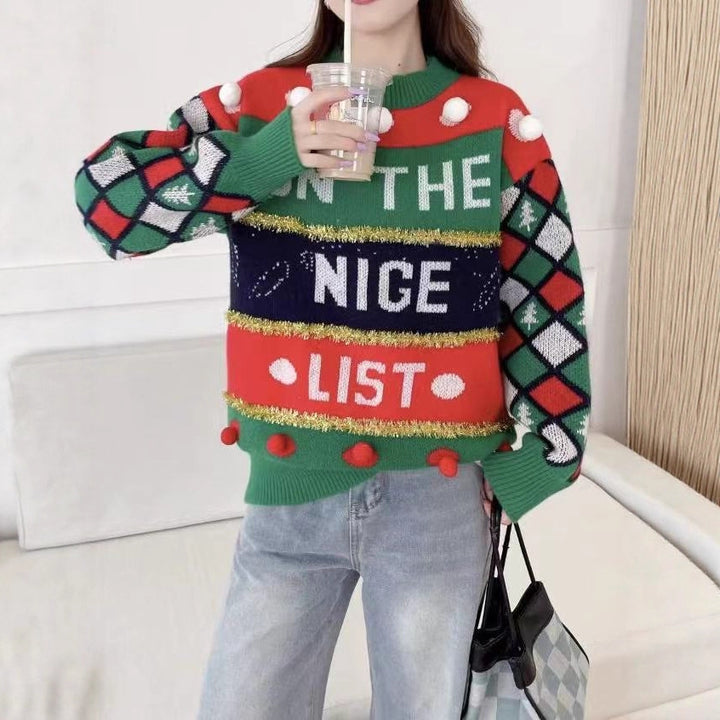 Ladies' Christmas sweater with letter jacquard and gold stripes