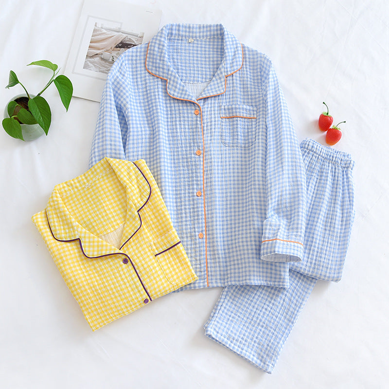 Cotton pajamas, checked, long-sleeved, for couples