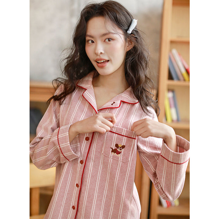 Cotton pajama set for couples, striped, embroidered