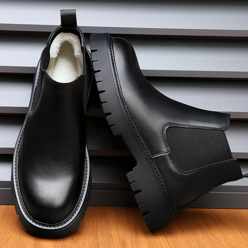 Men's Ankle Boots, Leather, Mid-High Heel, Round Design