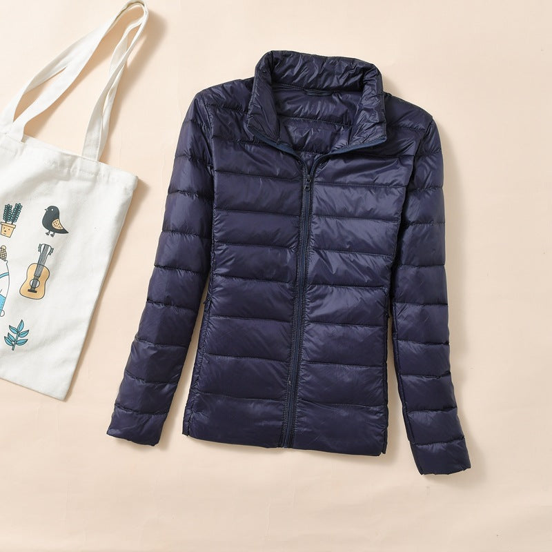 Women's down jacket, short, standing collar, tailored, with duck down