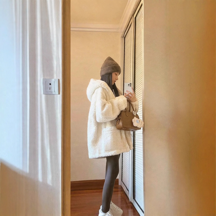 Mid-length lamb fleece coat with hood, lined