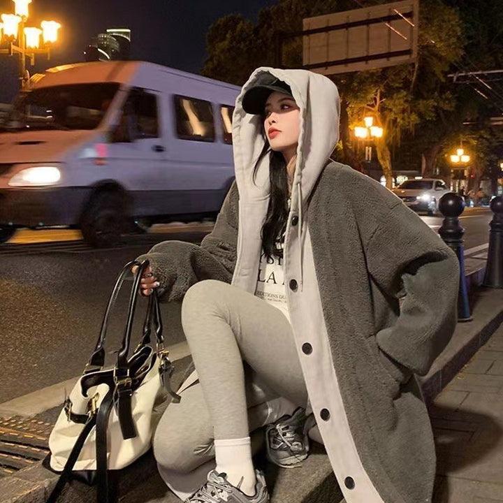 Lamb fleece imitation coat with hood, mid-length, padded