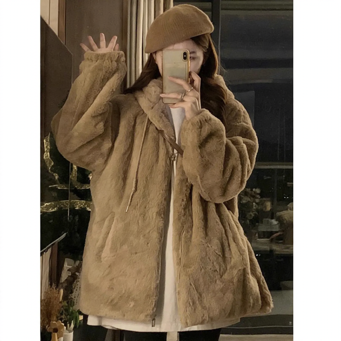 Casual lamb fleece hooded jacket for women